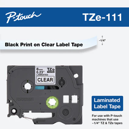 Genuine Brother TZe-111 Labelling Tape Cassette – Black on Clear, 6mm wide