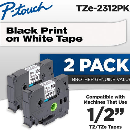 Genuine Brother TZe-2312PK 1/2 In. Black on White P-Touch Label Tape 2/Pack